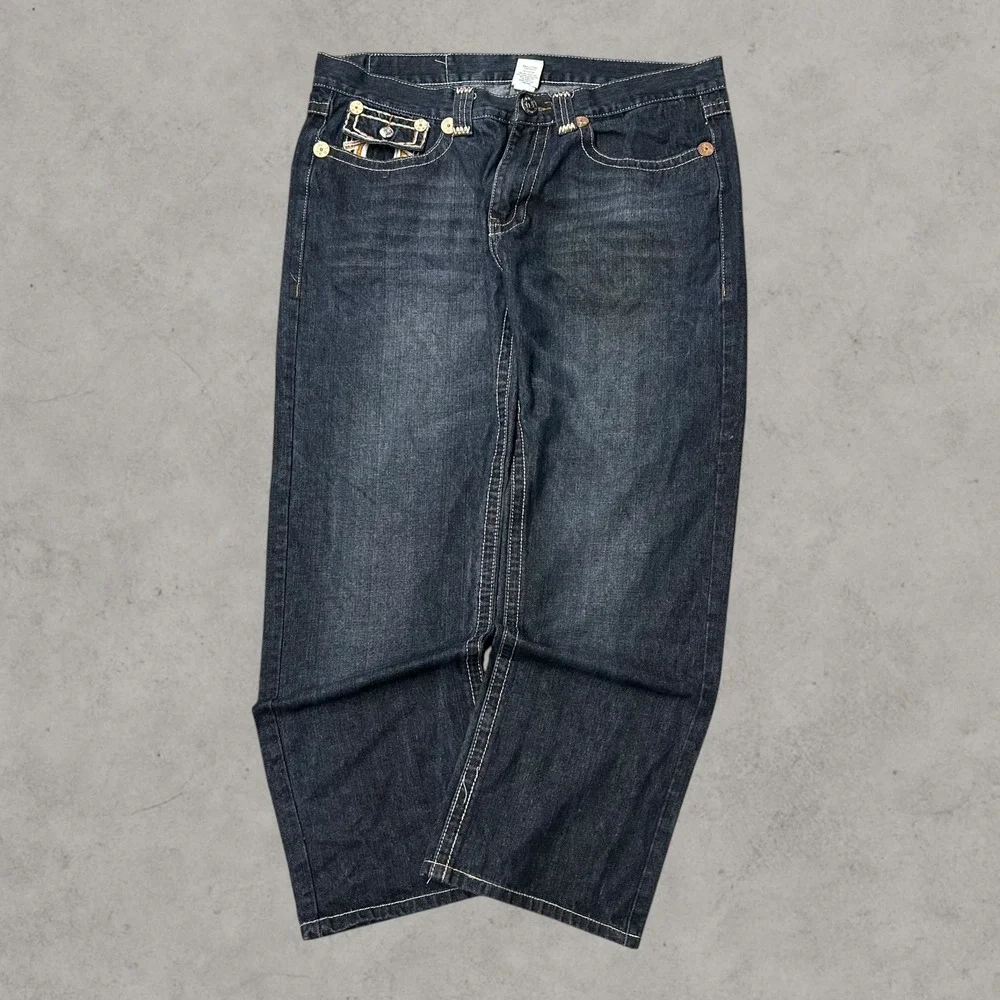 True Religion Joey Super T Jeans Men 40x30 Dark Blue Wide Leg Baggy White Stitch